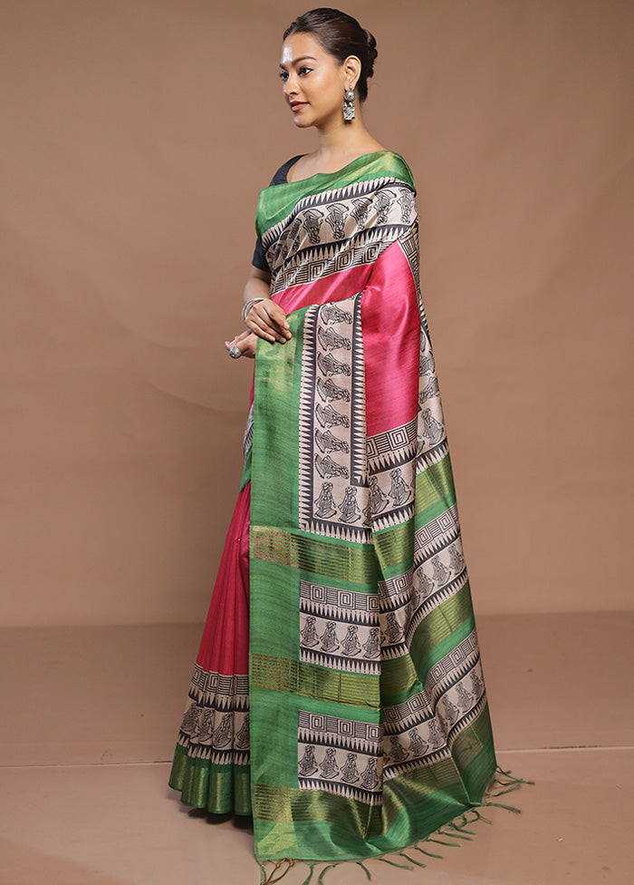 Pink Tussar Silk Saree With Blouse Piece