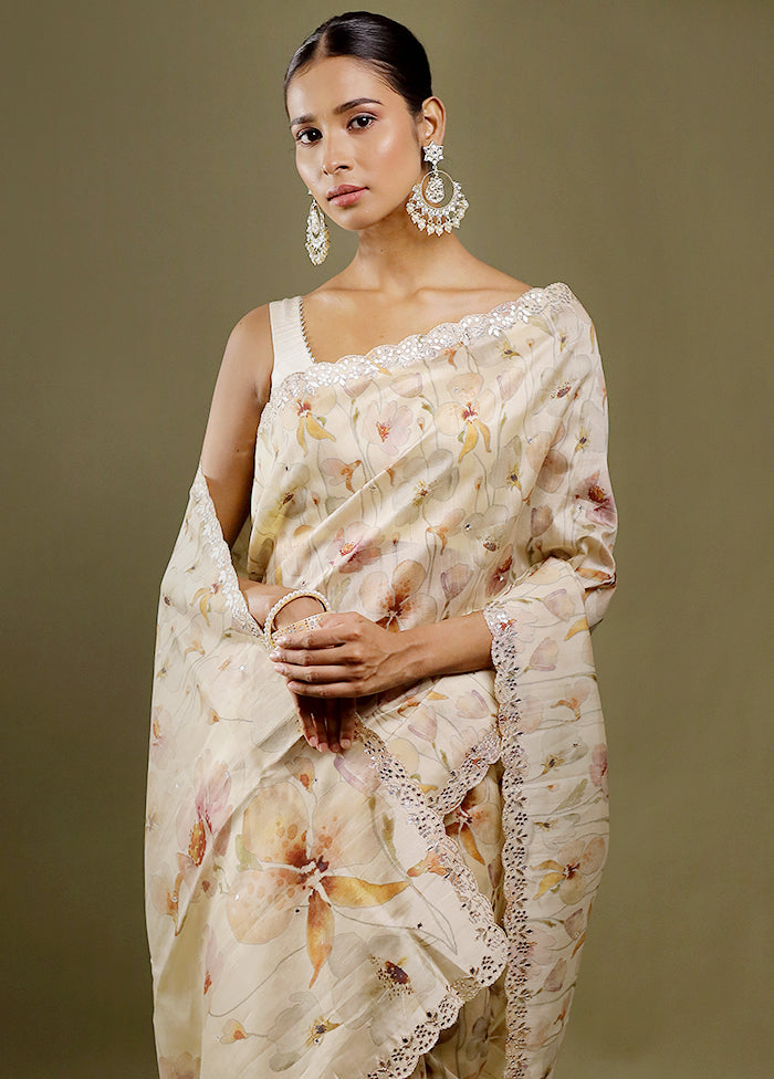 Cream Tussar Silk Saree With Blouse Piece