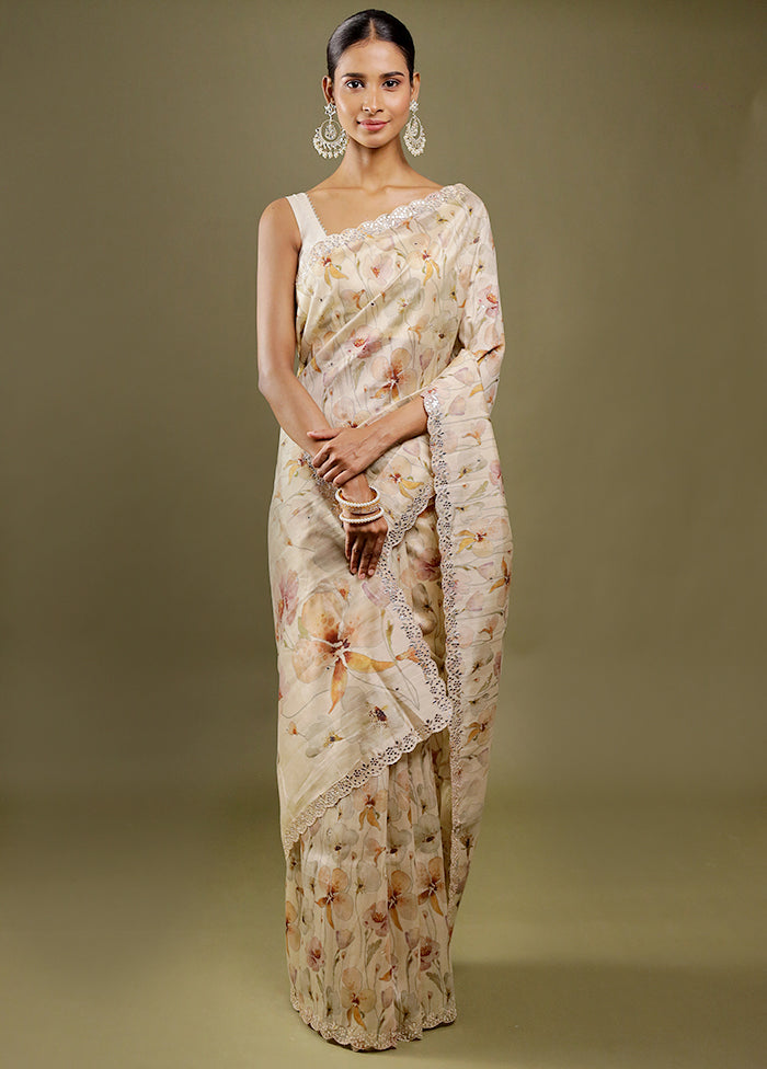 Cream Tussar Silk Saree With Blouse Piece