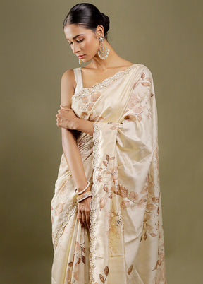 Cream Handloom Tussar Pure Silk Saree With Blouse Piece