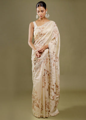 Cream Handloom Tussar Pure Silk Saree With Blouse Piece