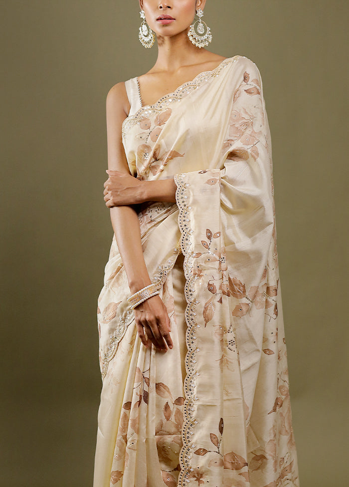 Cream Handloom Tussar Pure Silk Saree With Blouse Piece