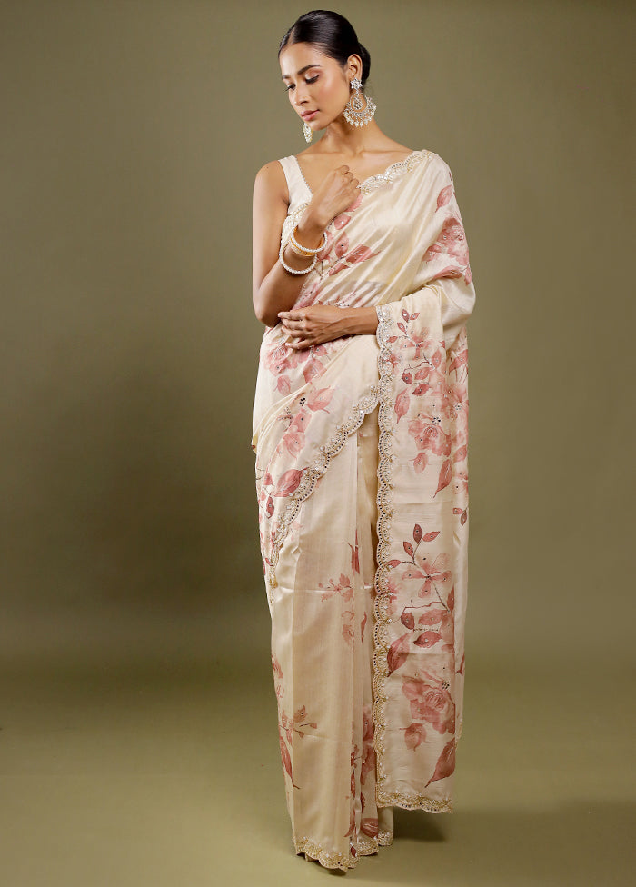 Cream Handloom Tussar Pure Silk Saree With Blouse Piece