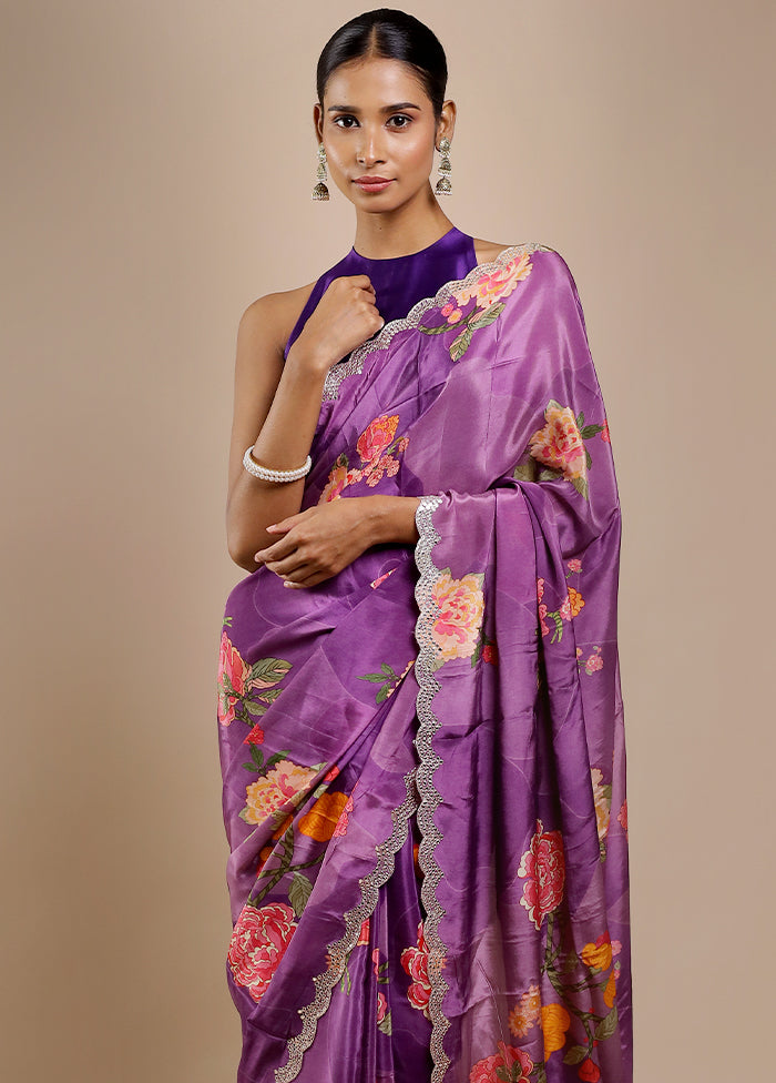 Purple Printed Pure Silk Saree Without Blouse Piece