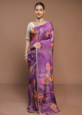 Purple Printed Pure Silk Saree Without Blouse Piece