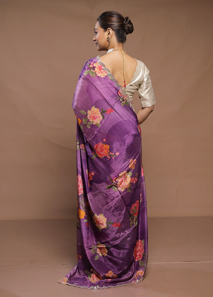 Purple Printed Pure Silk Saree Without Blouse Piece