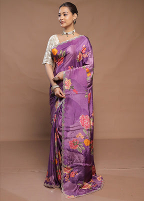 Purple Printed Pure Silk Saree Without Blouse Piece