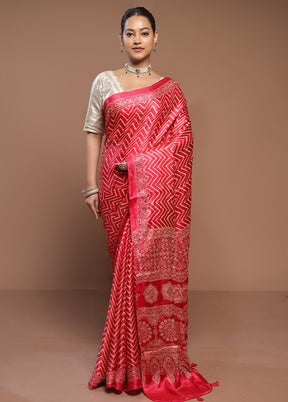 Pink Printed Pure Silk Saree Without Blouse Piece