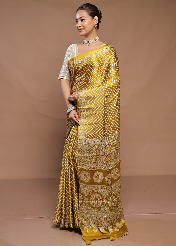 Yellow Printed Pure Silk Saree Without Blouse Piece