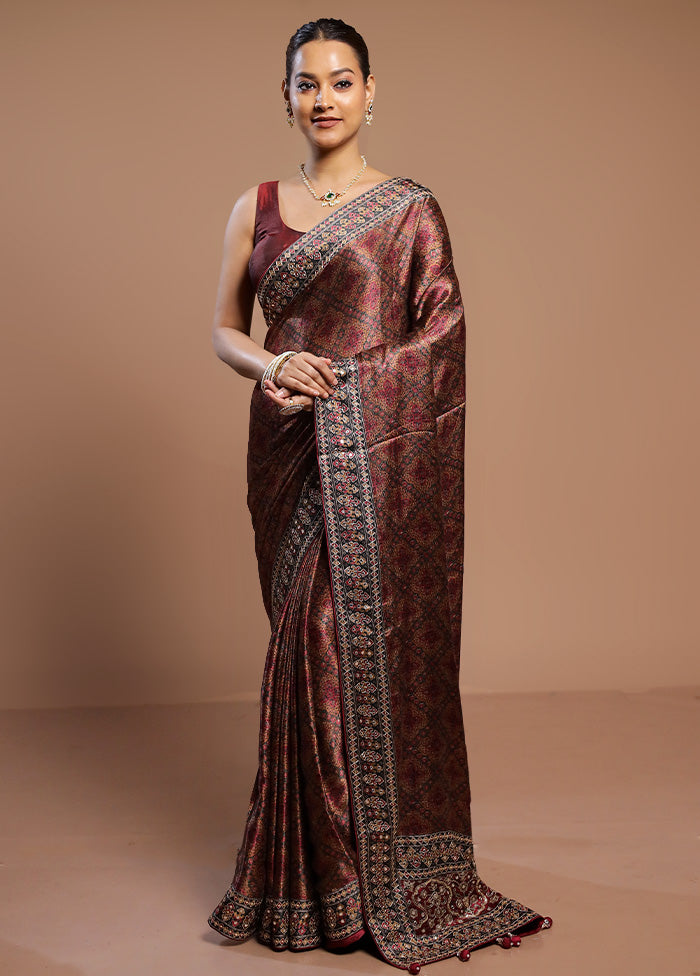 Maroon Handloom Tussar Pure Silk Saree With Blouse Piece