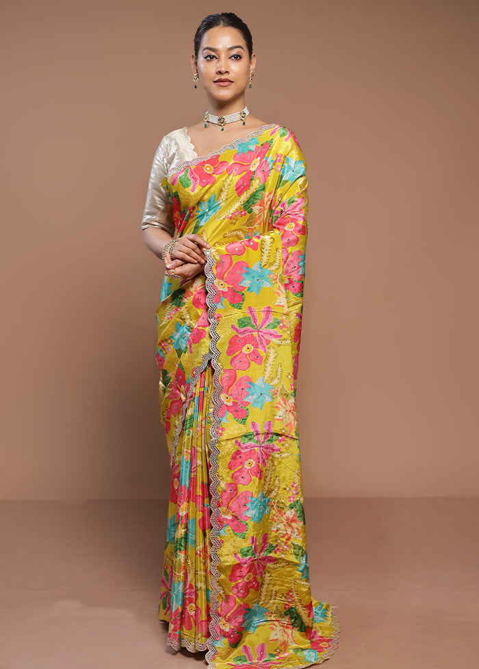 Yellow Printed Pure Silk Saree Without Blouse Piece