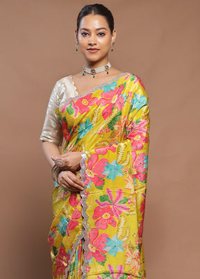 Yellow Printed Pure Silk Saree Without Blouse Piece