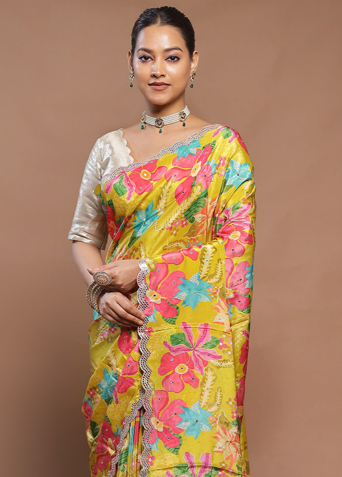 Yellow Printed Pure Silk Saree Without Blouse Piece