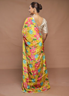 Yellow Printed Pure Silk Saree Without Blouse Piece