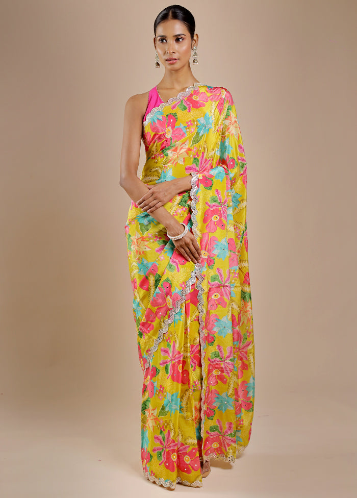 Yellow Printed Pure Silk Saree Without Blouse Piece