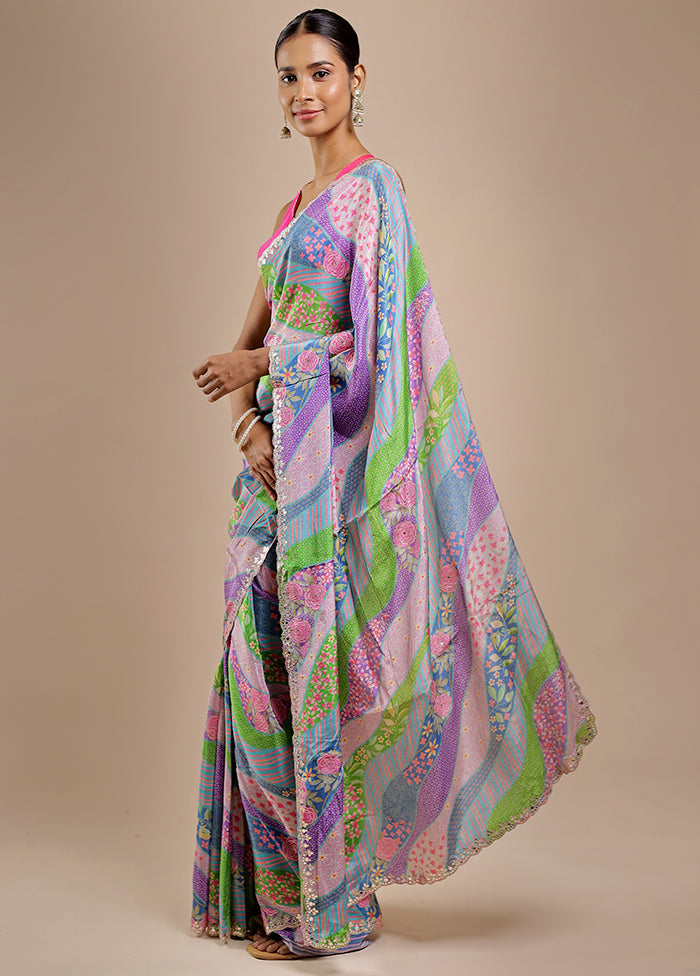 Multicolor Printed Pure Silk Saree Without Blouse Piece