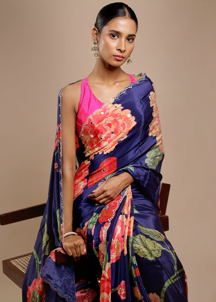 Blue Printed Pure Silk Saree Without Blouse Piece