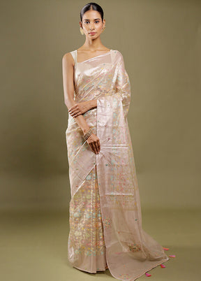 Cream Handloom Tissue Pure Silk Saree With Blouse Piece