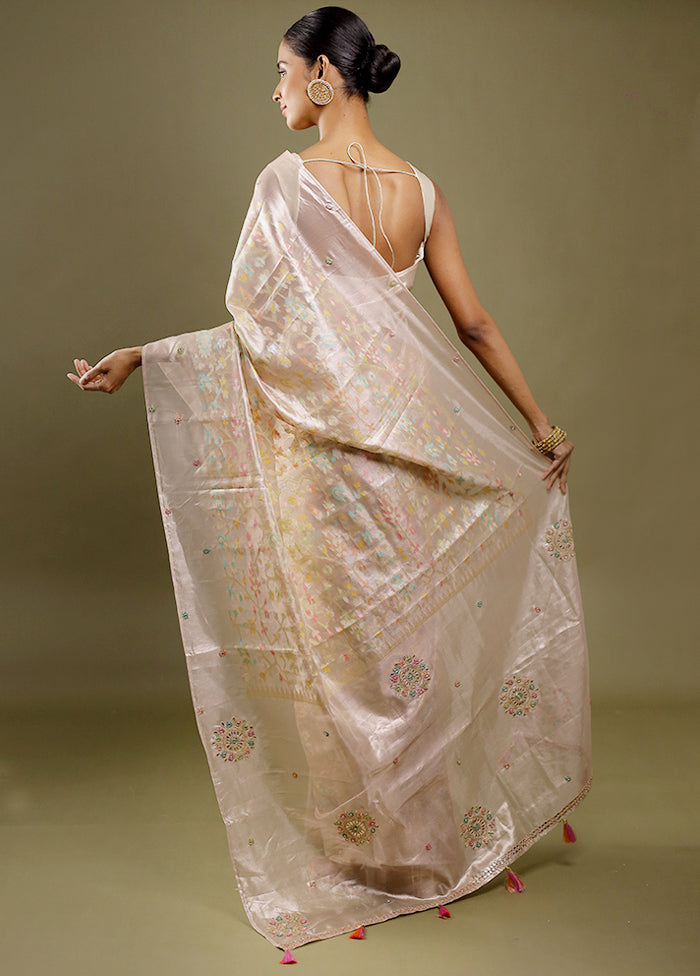 Cream Handloom Tissue Pure Silk Saree With Blouse Piece