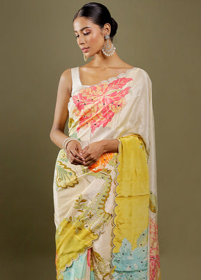 Cream Printed Pure Silk Saree Without Blouse Piece