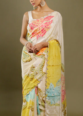 Cream Printed Pure Silk Saree Without Blouse Piece