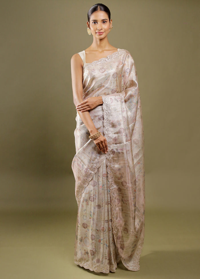 Cream Handloom Tissue Pure Silk Saree With Blouse Piece