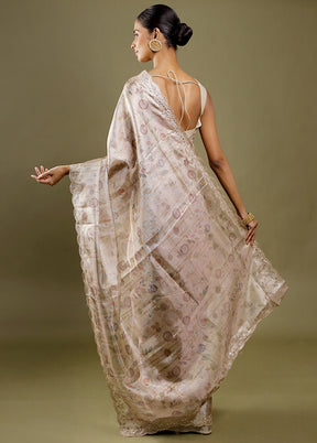 Cream Handloom Tissue Pure Silk Saree With Blouse Piece