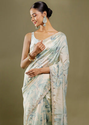 Cream Handloom Tussar Pure Silk Saree With Blouse Piece