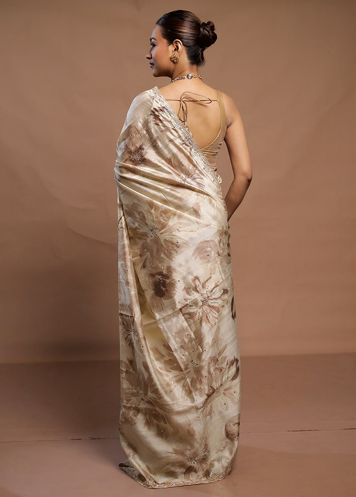 Cream Handloom Tussar Pure Silk Saree With Blouse Piece