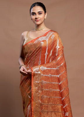 Orange Crushed Tissue Silk Saree With Blouse Piece