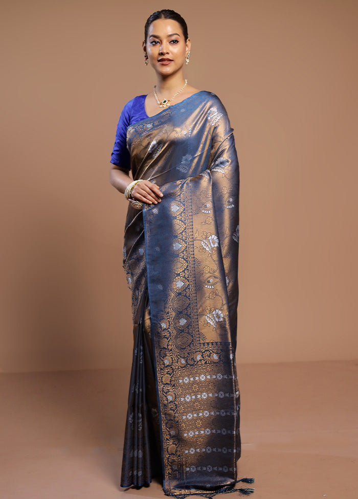 Blue Dupion Silk Saree With Blouse Piece