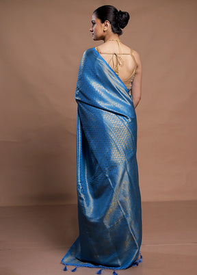 Blue Dupion Silk Saree With Blouse Piece