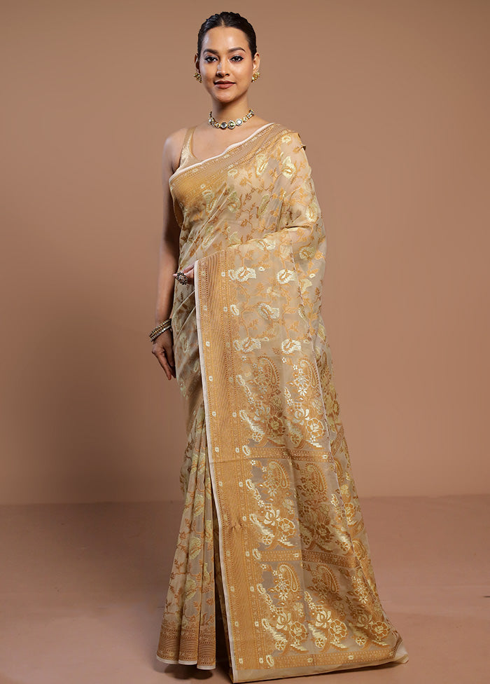 Cream Kora Silk Saree With Blouse Piece