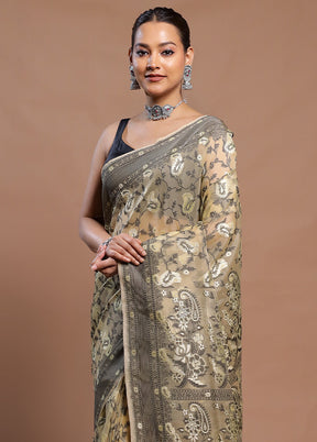 Cream Kora Silk Saree With Blouse Piece