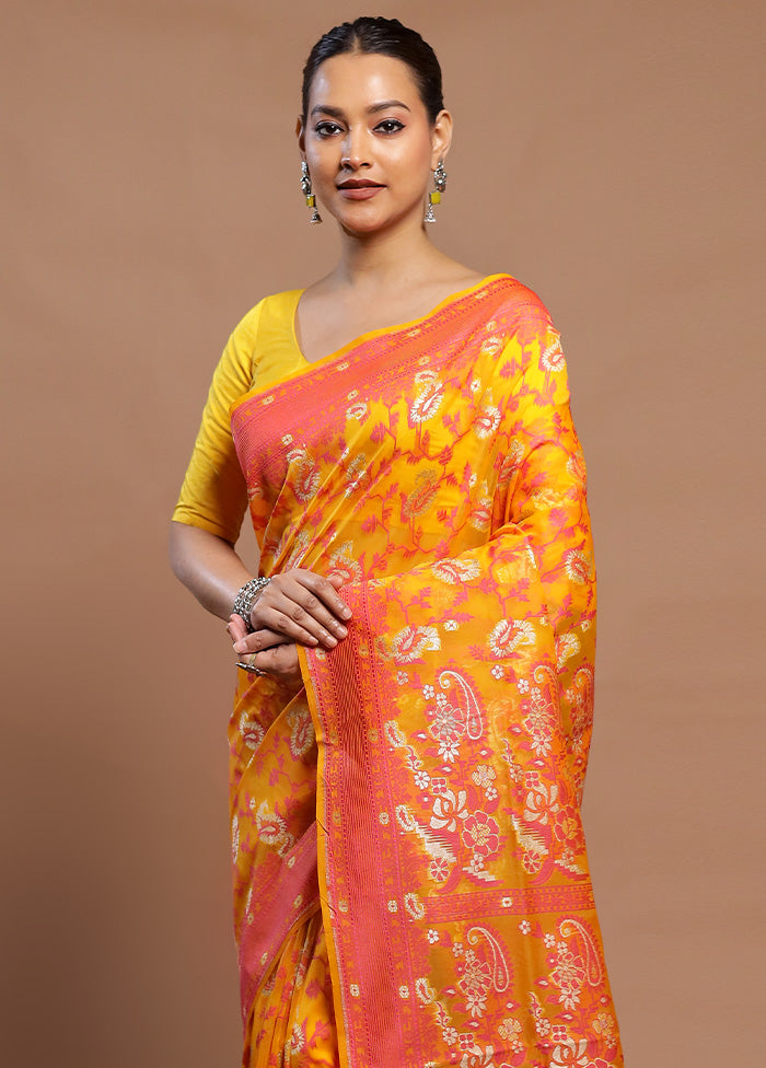 Yellow Kora Silk Saree With Blouse Piece