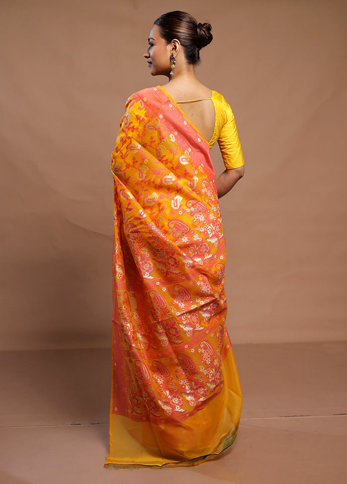 Yellow Kora Silk Saree With Blouse Piece