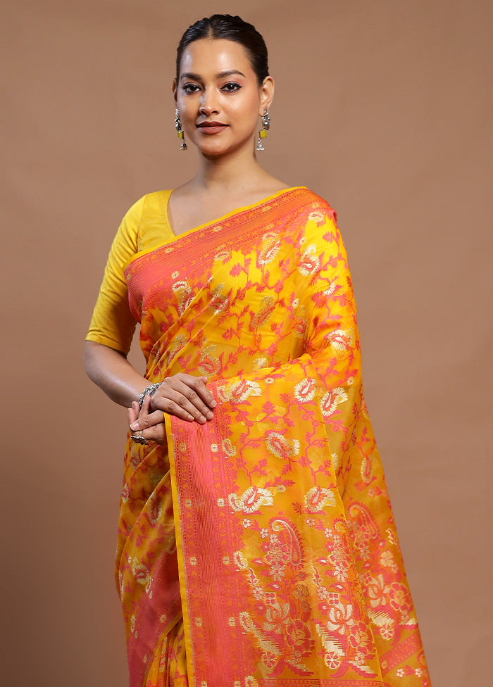 Yellow Kora Silk Saree With Blouse Piece