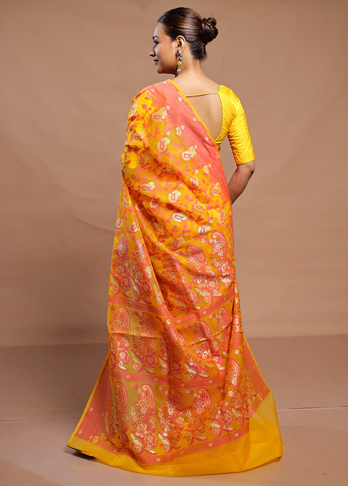 Yellow Kora Silk Saree With Blouse Piece