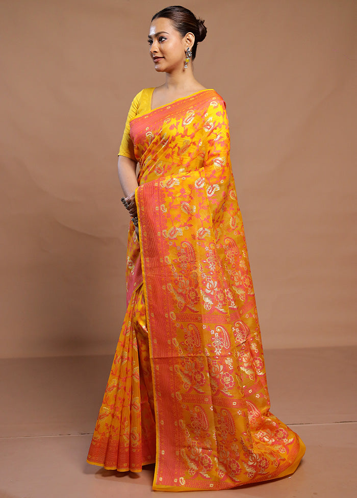 Yellow Kora Silk Saree With Blouse Piece