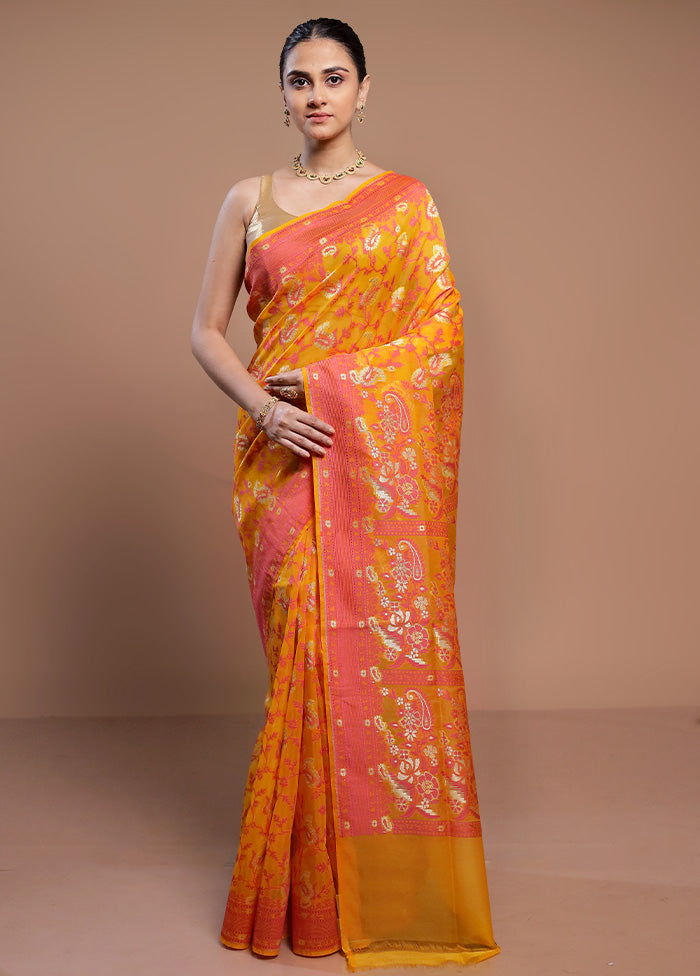 Yellow Kora Silk Saree With Blouse Piece