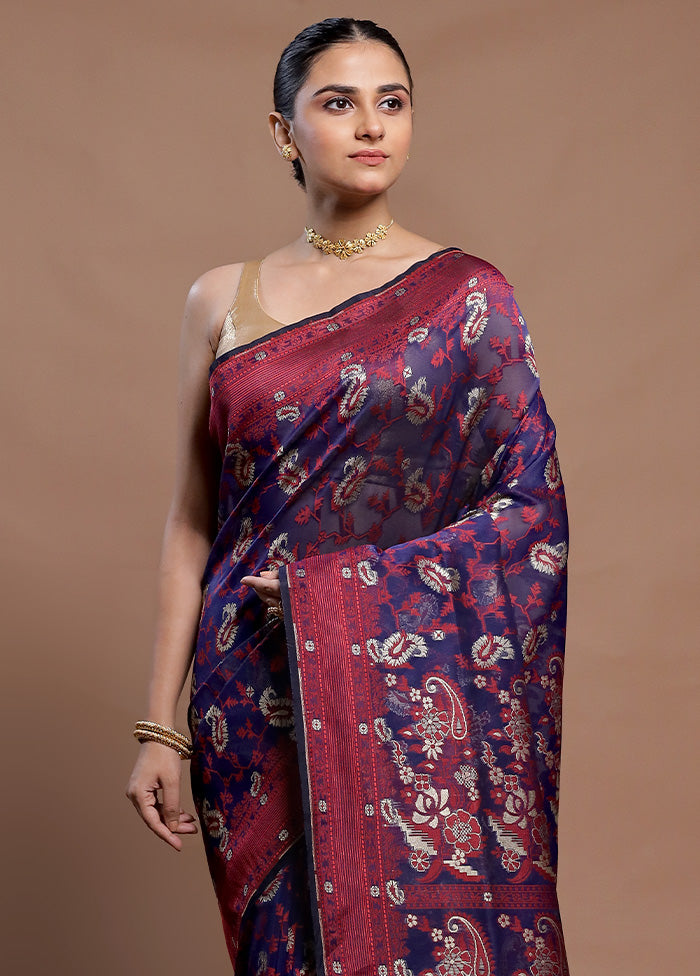 Blue Kora Silk Saree With Blouse Piece