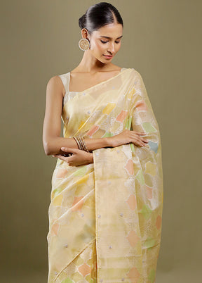 Yellow Handloom Tissue Pure Silk Saree With Blouse Piece