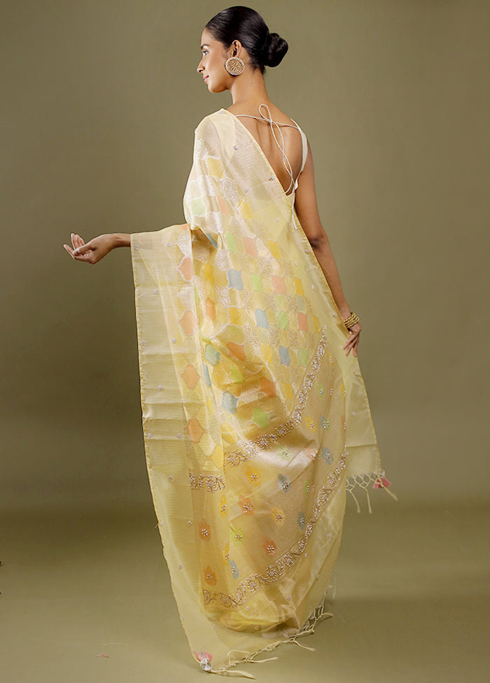 Yellow Handloom Tissue Pure Silk Saree With Blouse Piece