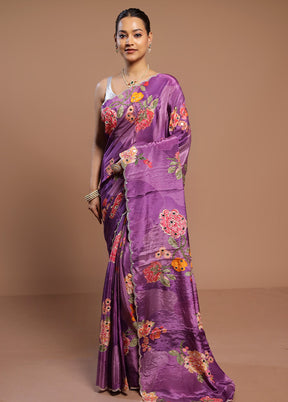 Purple Printed Pure Silk Saree Without Blouse Piece