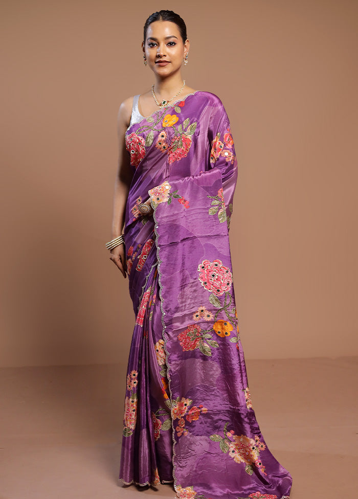 Purple Printed Pure Silk Saree Without Blouse Piece