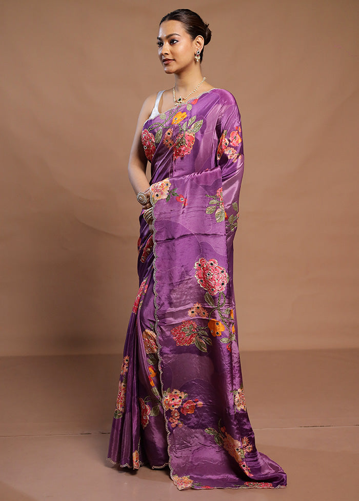 Purple Printed Pure Silk Saree Without Blouse Piece