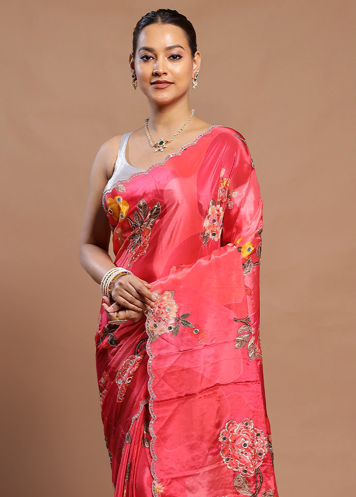 Pink Printed Pure Silk Saree Without Blouse Piece