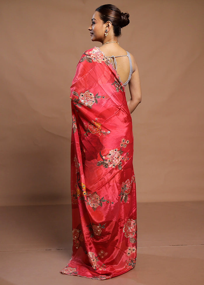 Pink Printed Pure Silk Saree Without Blouse Piece