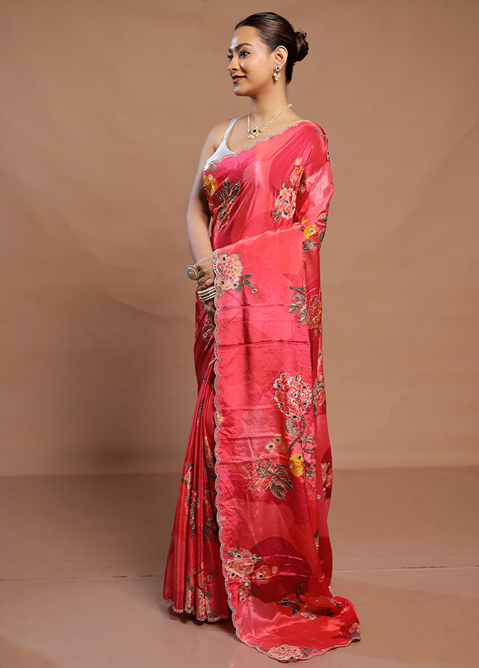 Pink Printed Pure Silk Saree Without Blouse Piece