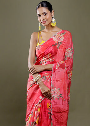 Pink Printed Pure Silk Saree Without Blouse Piece